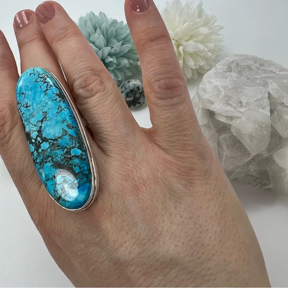*SOLD* Long Chunky Turquoise Ring Size 11 New Sterling Silver 925 - Picture 5 of 10
